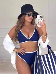 Swim Vcay Plus Size Women 2 Pieces Solid Color Black White Vacation Slimming Tummy Control Bow High Waist High Leg Triangle Bikini Set Beach Party Summer - Navy Blue - View 12