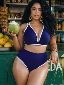 Swim Vcay Plus Size Women 2 Pieces Solid Color Black White Vacation Slimming Tummy Control Bow High Waist High Leg Triangle Bikini Set Beach Party Summer - Navy Blue - View 6
