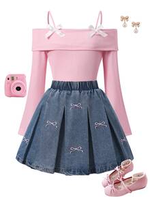 SHEIN Tween Girl Fall Outfits Tops 2 Pieces Set: Pink Soft Polyester Cold Shoulder Camisole Top With Bowknot School Student Navy Blue Cute Cowgirl Birthday - Pink - View 6