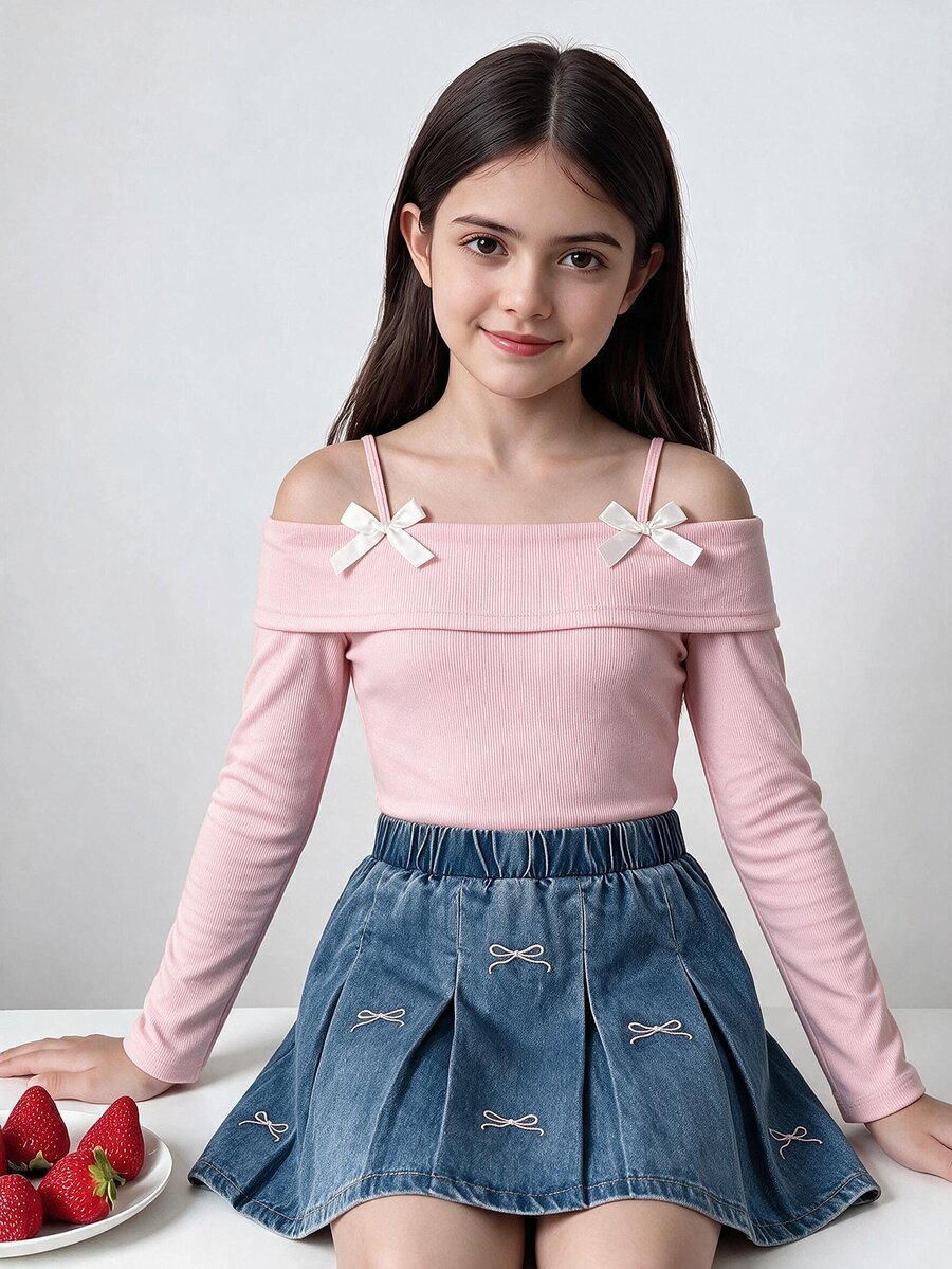 SHEIN Tween Girl Fall Outfits Tops 2 Pieces Set: Pink Soft Polyester Cold Shoulder Camisole Top With Bowknot School Student Navy Blue Cute Cowgirl Birthday