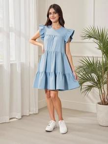 SHEIN Vestido de verano sin mangas de unicolor para adolescente - Celeste - Ver 4