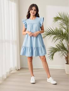 SHEIN Vestido de verano sin mangas de unicolor para adolescente - Celeste - Ver 6
