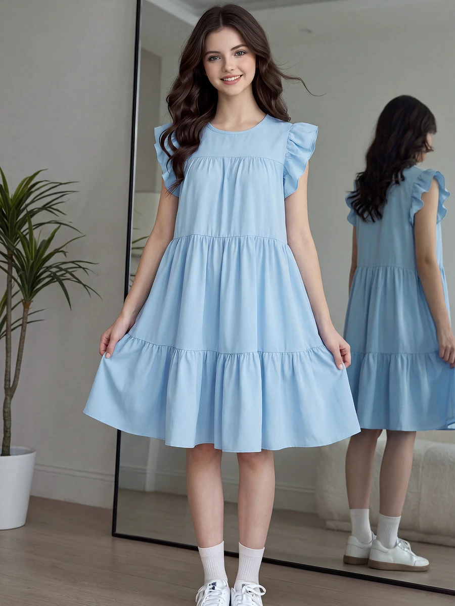SHEIN Vestido de verano sin mangas de unicolor para adolescente - Celeste - Ver 1