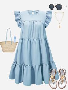 SHEIN Vestido de verano sin mangas de unicolor para adolescente - Celeste - Ver 5