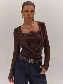 SHEIN BAE Women's Lace Patchwork Slim Fit Versatile Daily Wear Long Sleeve Top,Thanksgiving,Holiday Party, - Brown - View 8