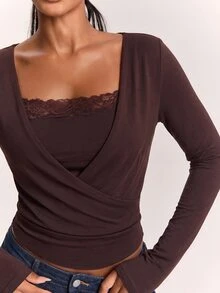SHEIN BAE Women's Lace Patchwork Slim Fit Versatile Daily Wear Long Sleeve Top,Thanksgiving,Holiday Party, - Brown - View 3