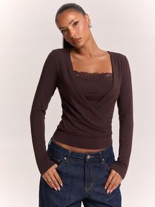 SHEIN BAE Women's Lace Patchwork Slim Fit Versatile Daily Wear Long Sleeve Top,Thanksgiving,Holiday Party, - Brown - View 4