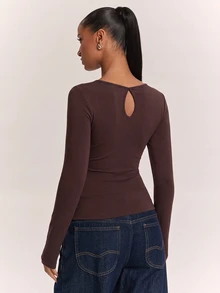 SHEIN BAE Women's Lace Patchwork Slim Fit Versatile Daily Wear Long Sleeve Top,Thanksgiving,Holiday Party, - Brown - View 2