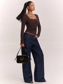 SHEIN BAE Women's Lace Patchwork Slim Fit Versatile Daily Wear Long Sleeve Top,Thanksgiving,Holiday Party, - Brown - View 7