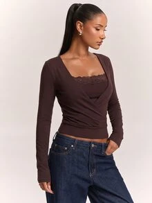 SHEIN BAE Women's Lace Patchwork Slim Fit Versatile Daily Wear Long Sleeve Top,Thanksgiving,Holiday Party, - Brown - View 5