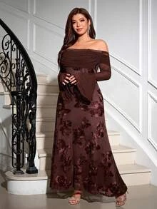 Reflora Đầm tiệc thường ngày trễ vai họa tiết jacquard cho nữ size lớn - màu nâu - Xem 4