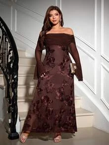 Reflora Đầm tiệc thường ngày trễ vai họa tiết jacquard cho nữ size lớn - màu nâu - Xem 1