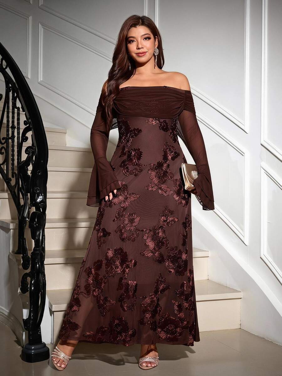 Reflora Đầm tiệc thường ngày trễ vai họa tiết jacquard cho nữ size lớn - màu nâu - Xem 1