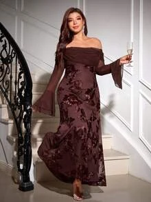 Reflora Đầm tiệc thường ngày trễ vai họa tiết jacquard cho nữ size lớn - màu nâu - Xem 6