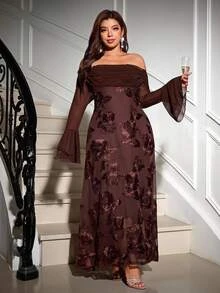 Reflora Đầm tiệc thường ngày trễ vai họa tiết jacquard cho nữ size lớn - màu nâu - Xem 5