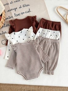 SHEIN 6 قطع ملابس داخلية وبنطلون للبنات الرضع والصغار، بني فاتح وأبيض، بنقشة قلب وخطوط، مع كشكشة وفيونكة وأكمام رفرفة، ياقة دائرية، مناسبة لحفلات أعياد الميلاد والعطلات الخريفية، قماش مضلع - متعدد الألوان - مشاهدة 2
