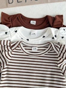 SHEIN 6 قطع ملابس داخلية وبنطلون للبنات الرضع والصغار، بني فاتح وأبيض، بنقشة قلب وخطوط، مع كشكشة وفيونكة وأكمام رفرفة، ياقة دائرية، مناسبة لحفلات أعياد الميلاد والعطلات الخريفية، قماش مضلع - متعدد الألوان - مشاهدة 5