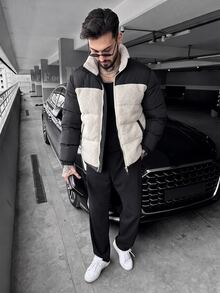 Manfinity Homme Men's Solid Fleece Long-Sleeve Zipper Winter Puffer Jacket Vacation Club Black Streetwear Casual - Multicolor - View 1