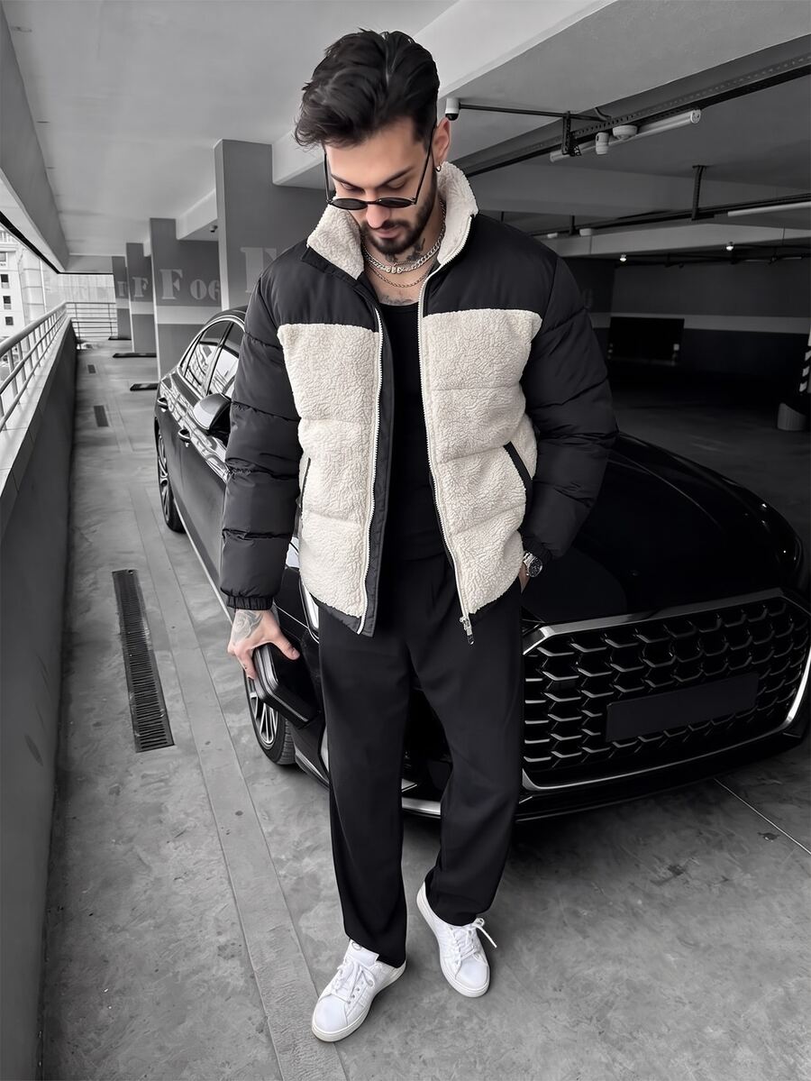 Manfinity Homme Men's Solid Fleece Long-Sleeve Zipper Winter Puffer Jacket Vacation Club Black Streetwear Casual - Multicolor - View 1