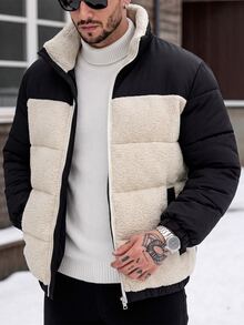 Manfinity Homme Men's Solid Fleece Long-Sleeve Zipper Winter Puffer Jacket Vacation Club Black Streetwear Casual - Multicolor - View 6
