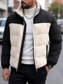Manfinity Homme Men's Solid Fleece Long-Sleeve Zipper Winter Puffer Jacket Vacation Club Black Streetwear Casual - Multicolor - View 5
