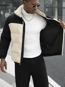 Manfinity Homme Men's Solid Fleece Long-Sleeve Zipper Winter Puffer Jacket Vacation Club Black Streetwear Casual - Multicolor - View 4