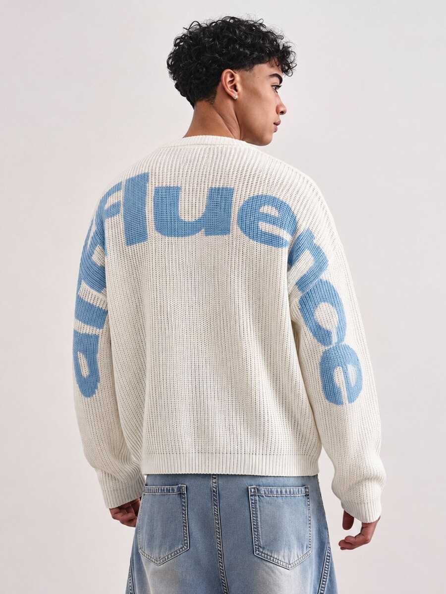 TOKVUE Men's Letter Print Drop Shoulder Long Sleeve Loose Sweater - White - View 1