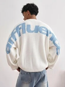 TOKVUE Men's Letter Print Drop Shoulder Long Sleeve Loose Sweater - White - View 3
