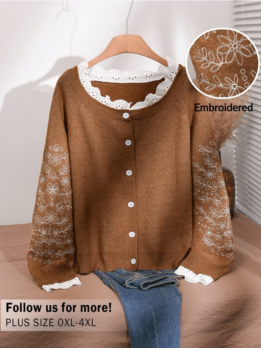 CosyJoli Plus Embroidery Floral Pattern Lace Trim Raglan Sleeve Cardigan Women Fall/Winter 1950s Vintage Thanksgiving Christmas Day Blouse New Year Formal - Brown - View 1