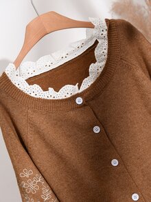 CosyJoli Plus Embroidery Floral Pattern Lace Trim Raglan Sleeve Cardigan Women Fall/Winter 1950s Vintage Thanksgiving Christmas Day Blouse New Year Formal - Brown - View 5