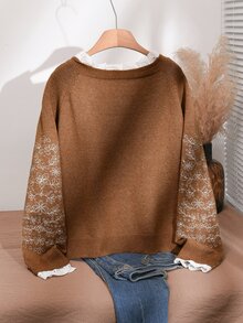 CosyJoli Plus Embroidery Floral Pattern Lace Trim Raglan Sleeve Cardigan Women Fall/Winter 1950s Vintage Thanksgiving Christmas Day Blouse New Year Formal - Brown - View 2