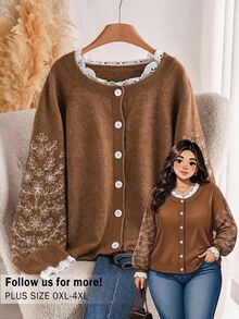 CosyJoli Plus Embroidery Floral Pattern Lace Trim Raglan Sleeve Cardigan Women Fall/Winter 1950s Vintage Thanksgiving Christmas Day Blouse New Year Formal - Brown - View 3