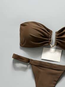 Swim Chiccia Spring Break Women's Solid Color Strapless Metal Decor Top And Thong Bikini Bottoms 2pcs Set, Minimalist Summer Beach Outfit - Brown - View 7