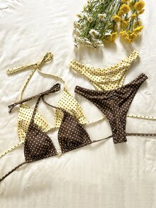 SHEIN Swim 女款棕黃波點4件式比基尼泳衣套裝，70年代復古掛脖式側高衩泳衣，適合夏季、海灘、度假、假期旅行 - 彩色 - 查看 1