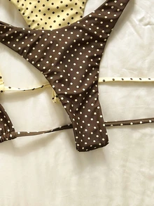 SHEIN Swim 女款棕黃波點4件式比基尼泳衣套裝，70年代復古掛脖式側高衩泳衣，適合夏季、海灘、度假、假期旅行 - 彩色 - 查看 6