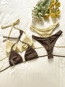 SHEIN Swim 女款棕黃波點4件式比基尼泳衣套裝，70年代復古掛脖式側高衩泳衣，適合夏季、海灘、度假、假期旅行 - 彩色 - 查看 2