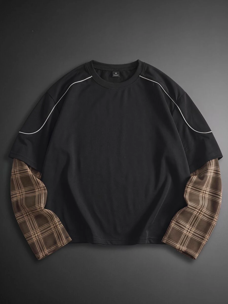 GETOML Men's Commute Plaid Patchwork Mock Layered Contrast Color 2 In 1 Long Sleeve T-Shirt Autumn, Football Halloween Christmas Winter Party Autumn - Black - View 1