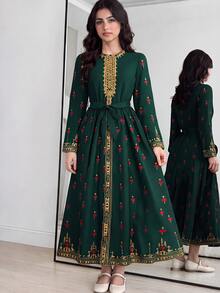 SHEIN Teen Girl Floral Print Round Neck Long Sleeve Gold Trim Bohemian Style Dress - Green - View 1