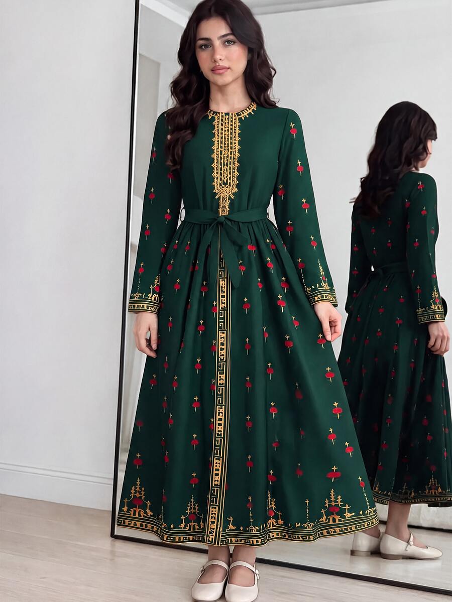 SHEIN Teen Girl Floral Print Round Neck Long Sleeve Gold Trim Bohemian Style Dress - Green - View 1