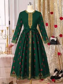 SHEIN Teen Girl Floral Print Round Neck Long Sleeve Gold Trim Bohemian Style Dress - Green - View 3