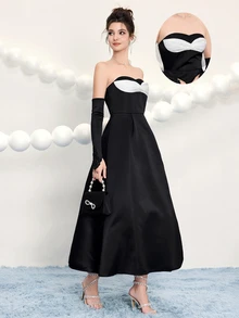 Poshira Elegant Ladies' Strapless Asymmetrical Twist Open Back A-Line Long Formal Dress,Embellished Design Party Wedding Guest Prom Cocktail Birthday - Black - View 3