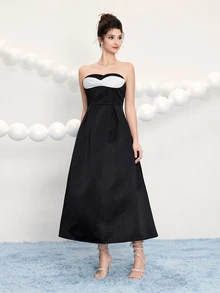 Poshira Elegant Ladies' Strapless Asymmetrical Twist Open Back A-Line Long Formal Dress,Embellished Design Party Wedding Guest Prom Cocktail Birthday - Black - View 8