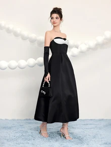 Poshira Elegant Ladies' Strapless Asymmetrical Twist Open Back A-Line Long Formal Dress,Embellished Design Party Wedding Guest Prom Cocktail Birthday - Black - View 5