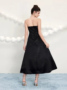 Poshira Elegant Ladies' Strapless Asymmetrical Twist Open Back A-Line Long Formal Dress,Embellished Design Party Wedding Guest Prom Cocktail Birthday - Black - View 4
