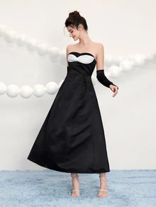 Poshira Elegant Ladies' Strapless Asymmetrical Twist Open Back A-Line Long Formal Dress,Embellished Design Party Wedding Guest Prom Cocktail Birthday - Black - View 7