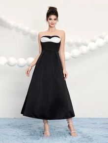 Poshira Elegant Ladies' Strapless Asymmetrical Twist Open Back A-Line Long Formal Dress,Embellished Design Party Wedding Guest Prom Cocktail Birthday - Black - View 6