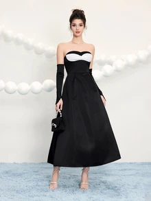 Poshira Elegant Ladies' Strapless Asymmetrical Twist Open Back A-Line Long Formal Dress,Embellished Design Party Wedding Guest Prom Cocktail Birthday - Black - View 9