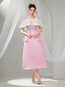 Poshira Elegant Off Shoulder A-Line Evening Gown Dress For Women,Contrast Color Embroidered Design Formal Maxi Dress,Graduation Gift,Summer Body Sequins Dress - Pink - View 6