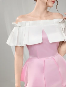 Poshira Elegant Off Shoulder A-Line Evening Gown Dress For Women,Contrast Color Embroidered Design Formal Maxi Dress,Graduation Gift,Summer Body Sequins Dress - Pink - View 5
