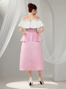 Poshira Elegant Off Shoulder A-Line Evening Gown Dress For Women,Contrast Color Embroidered Design Formal Maxi Dress,Graduation Gift,Summer Body Sequins Dress - Pink - View 3